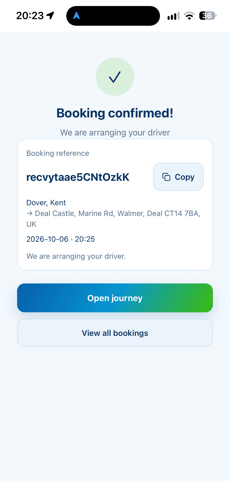 Booking confirmed — we are arranging your driver
